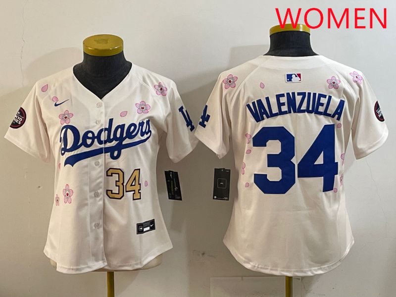 Women Los Angeles Dodgers #34 Valenzuela Cream Sakura Edition 2025 Nike MLB Jersey style 7->women mlb jersey->Women Jersey